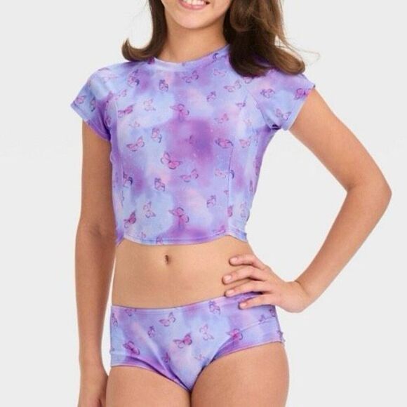 Girls Sweet Flutter Tie-Dye Rash Guard 3 Piece Set Swimsuit Violet XXL New - Picture 1 of 5